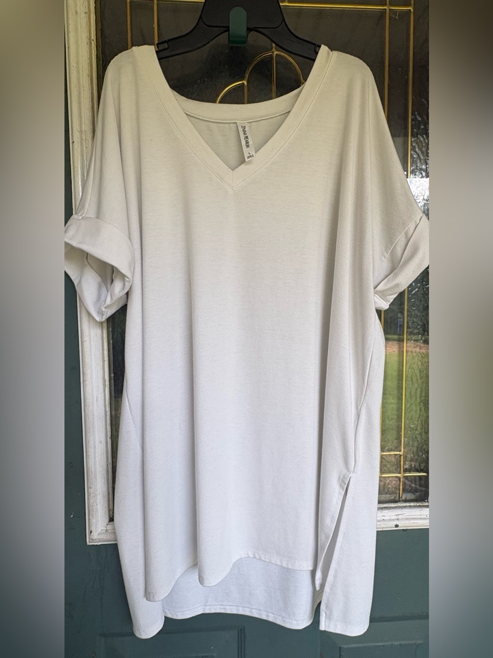 Zenana White Rolled Cuff Sleeve Hi-Low Hem Relaxed Fit Top